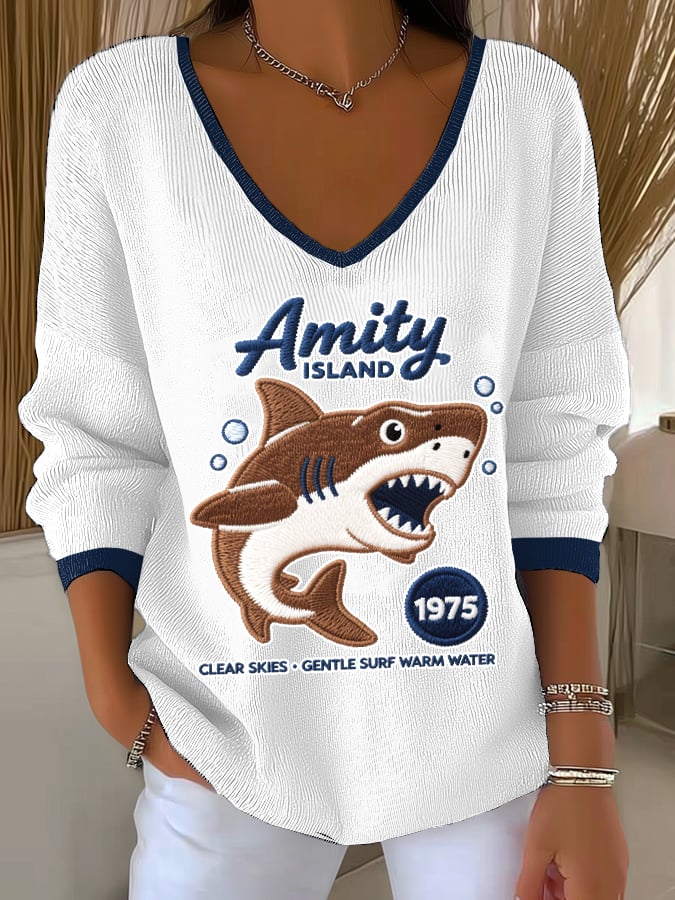 Women's Great White Shark Print Drop Shoulder Top