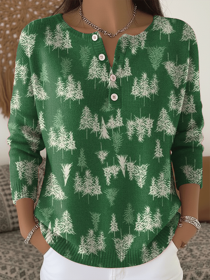 Women's Christmas Print Knit Button Top