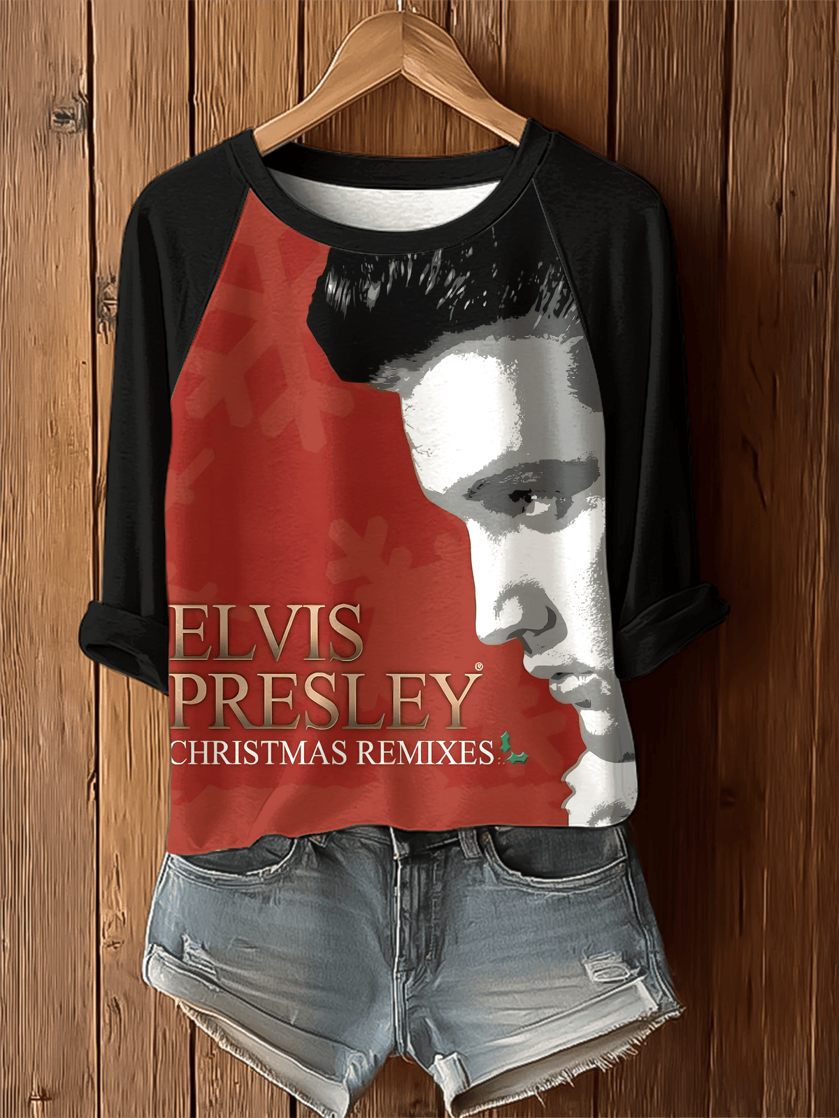 Merry Christmas King of Rock and Roll Printed Raglan Top