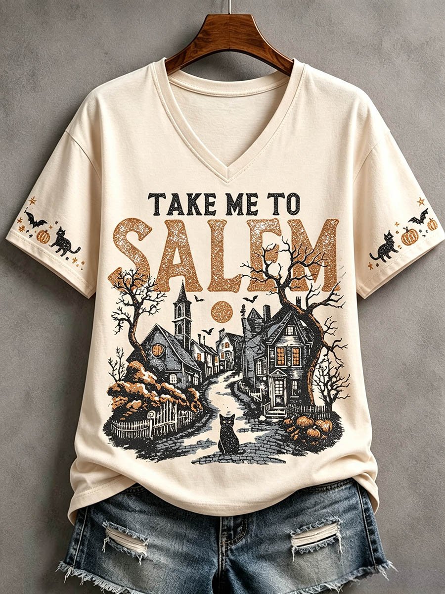 Women's Dark Halloween Castle Black Cat Bat V-neck Short-sleeved T-shirt