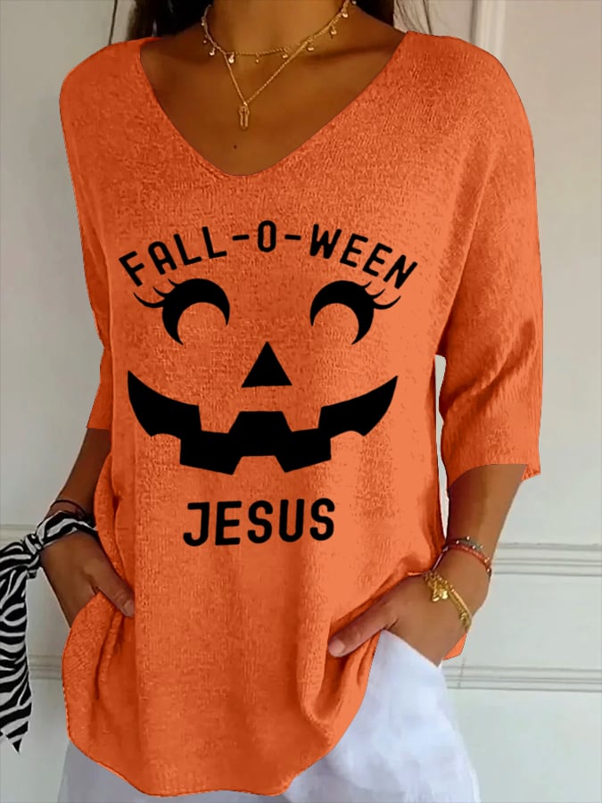 Women's Halloween Pumpkin Face FALL-O-WEEN JESUS Print T-Shirt