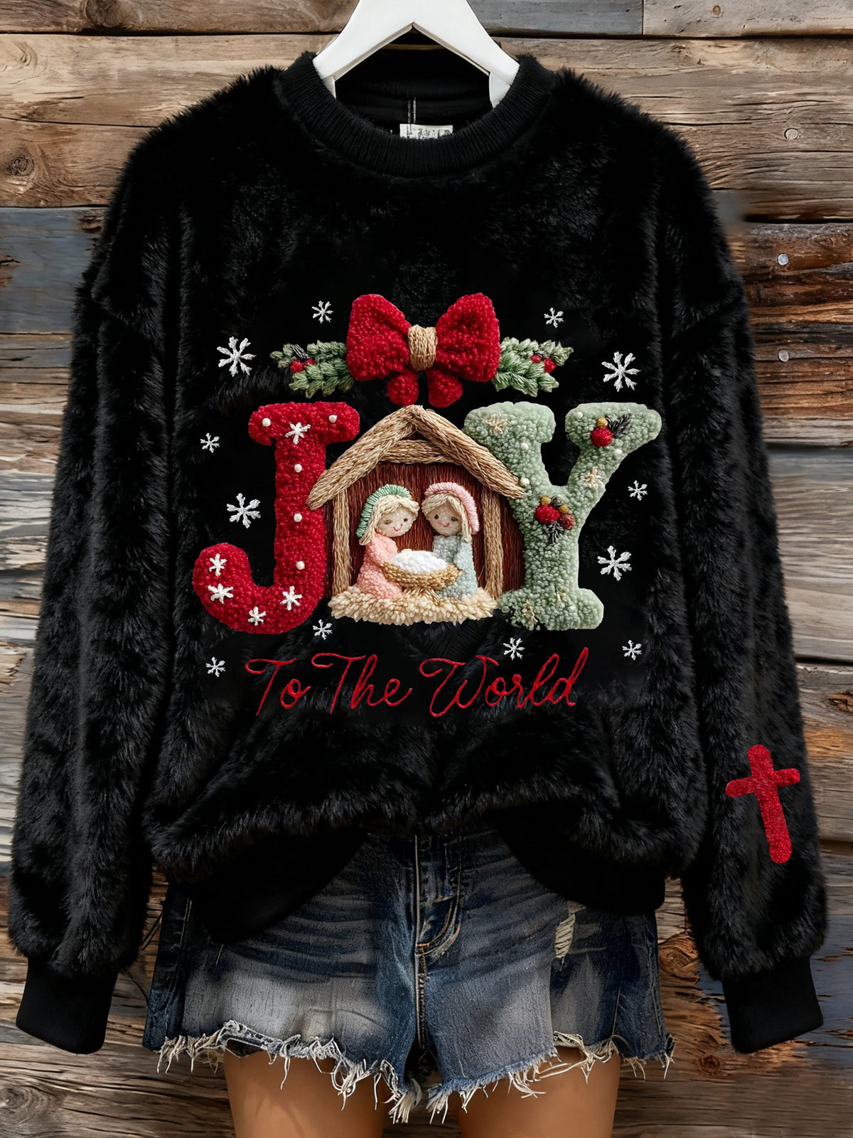 Women's Winter Christmas Cross Nativity Print Flannel Round Neck Fleece Top