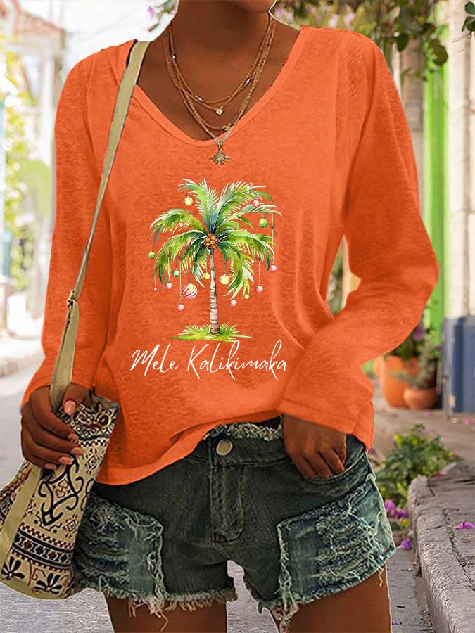 Women's Casual Mele Kalikimaka Printed Long Sleeve T-Shirt