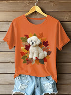 Women's Casual Cute Autumn Dog Pattern Printed Round Neck Short Sleeve T-Shirt