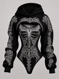Women's Vintage Halloween Bone-Print Hooded Jumpsuit