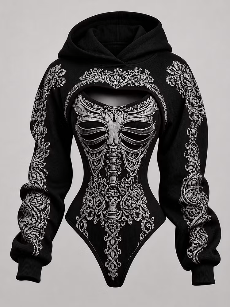 Women's Vintage Halloween Bone-Print Hooded Jumpsuit
