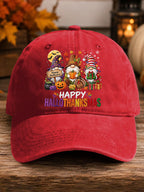 Retro Happy Hallothanksmas Gnome Halloween Thanksgiving Christmas Print Baseball Cap