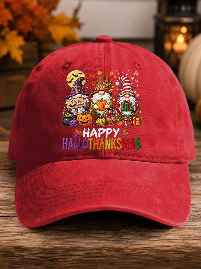 Retro Happy Hallothanksmas Gnome Halloween Thanksgiving Christmas Print Baseball Cap