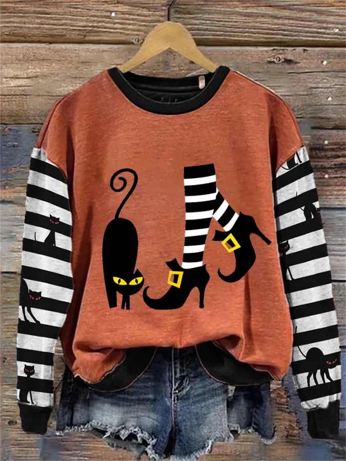 Women's Witch And Cat Print Crew Neck Sweatshirt