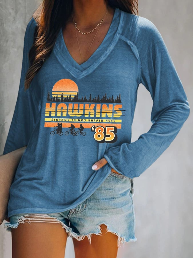 V-neck Retro  Hawkins Print T-Shirt