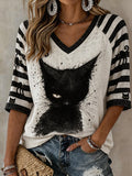 Women's Black Cat Striped Casual T-Shirt