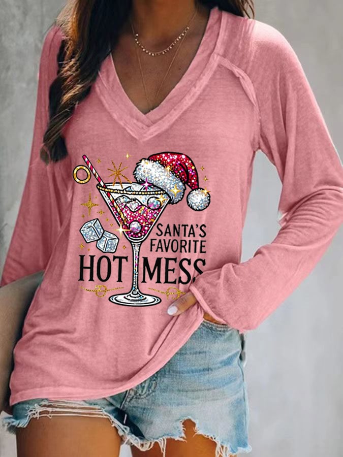 Women's Christmas Santa's Favorite Hot Mess Print V-Neck T-Shirt