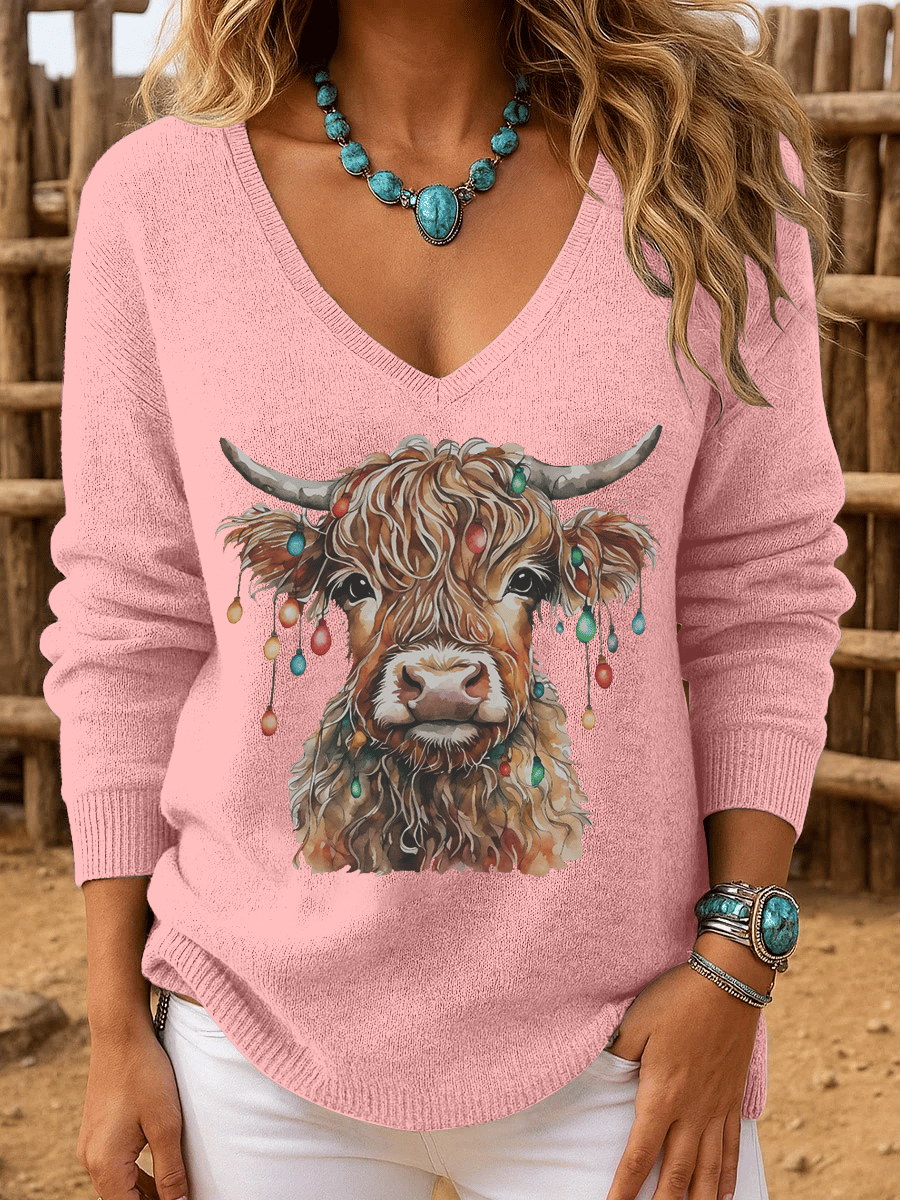 Women's Christmas Highland Cow Print Crew Neck Long Sleeve Top