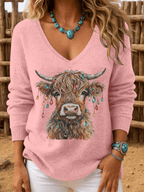 Women's Christmas Highland Cow Print Crew Neck Long Sleeve Top