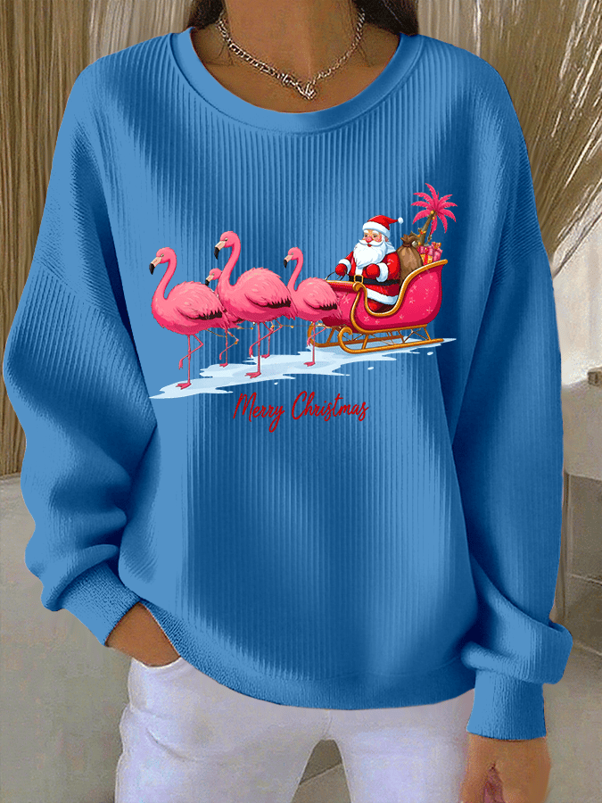 Women's Christmas Flamingo Print Knitted Crew Neck Long Sleeve Top