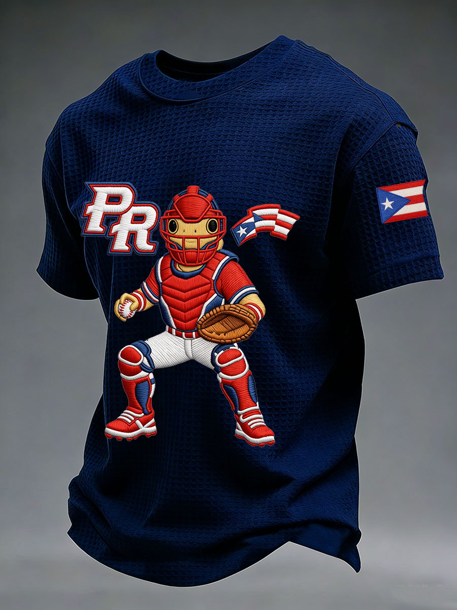 Men's Puerto Rico Baseball Casual Waffle Short Sleeve T-Shirt