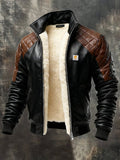Men's Retro Leather Patchwork Quilted Plush Lined Multi-Pocket Outdoor Jacket