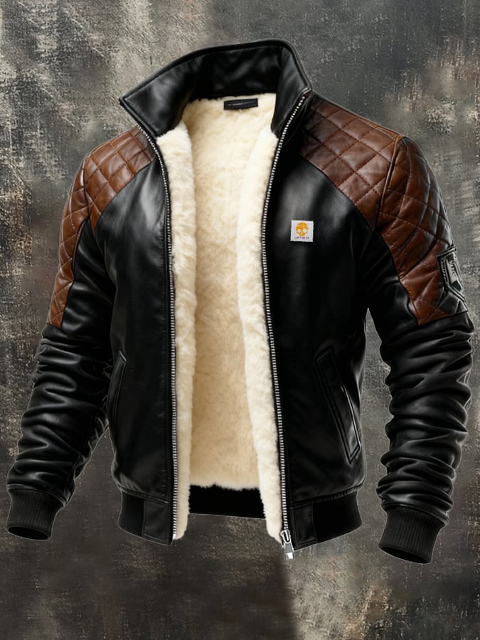 Men's Retro Leather Patchwork Quilted Plush Lined Multi-Pocket Outdoor Jacket