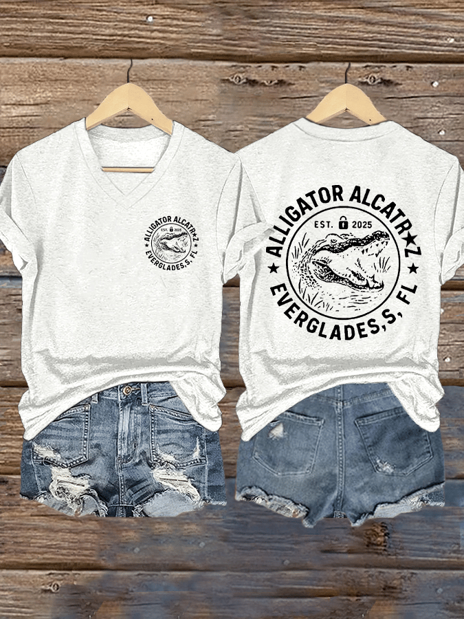 Women's  Alligator Alcatraz Funny Florida Everglades Dark Humor Print T-Shirt