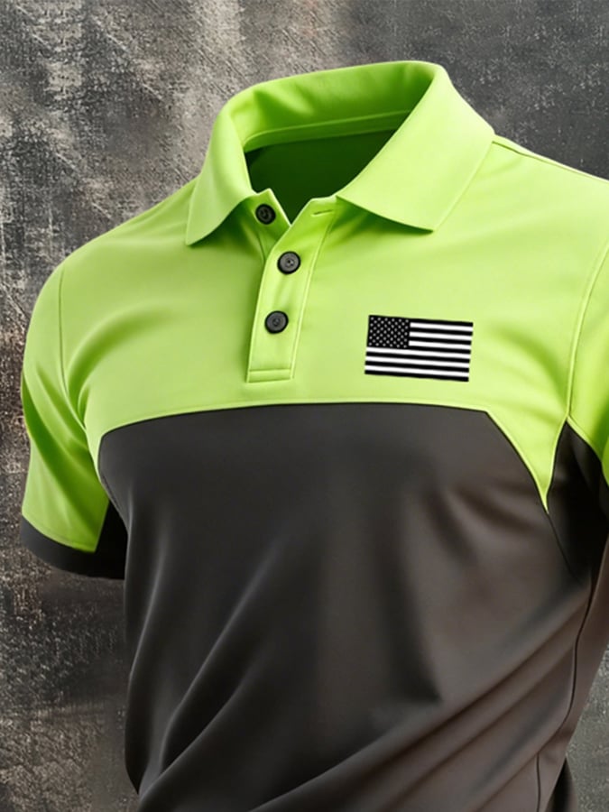 Men's Retro Patriotic Color-Block Short-Sleeve Polo Shirt