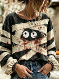 Women's Retro Halloween Monsters Print Long-Sleeve T-Shirt
