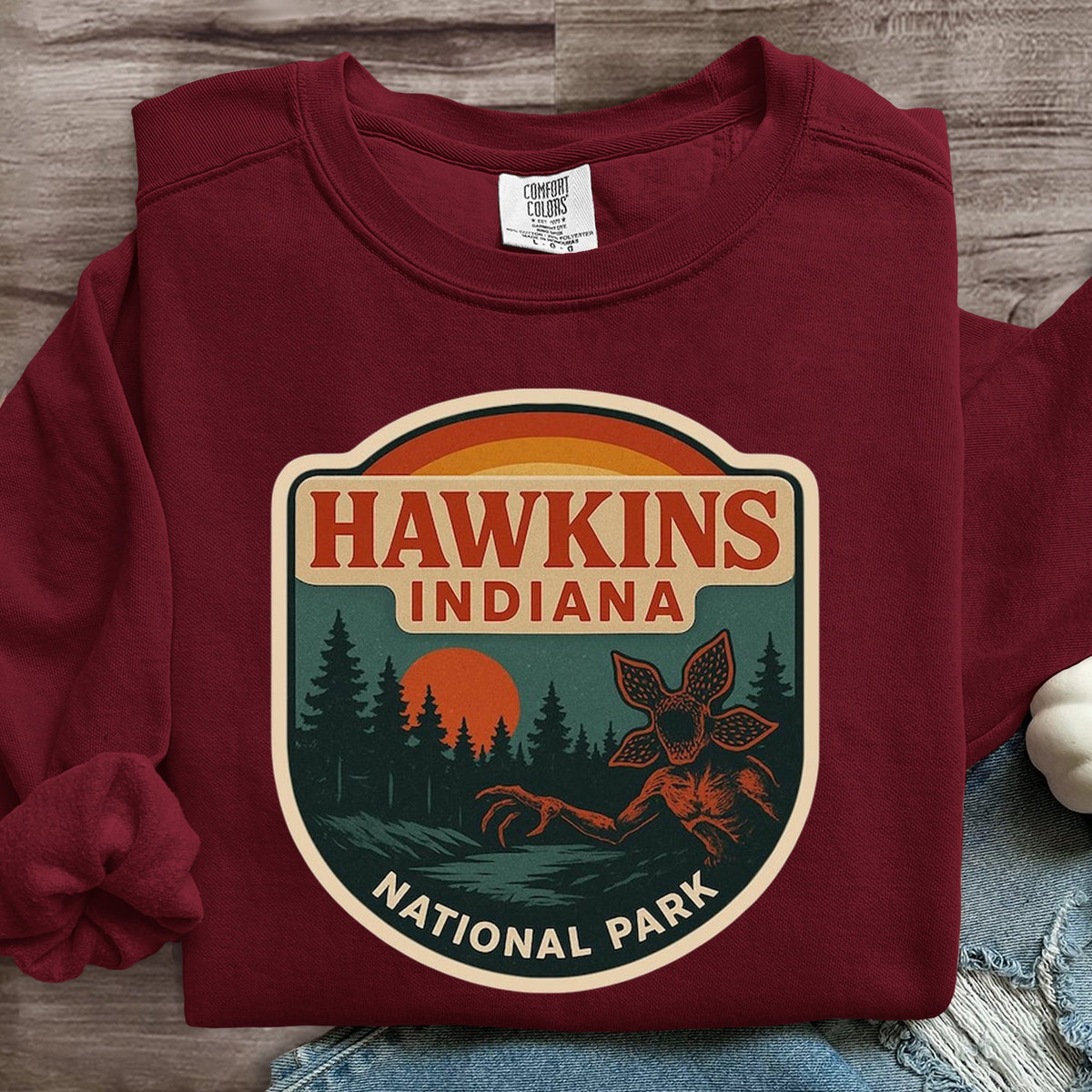 Hawkins Indiana National Park Upside Down 80s Horror Art Print Sweatshirt