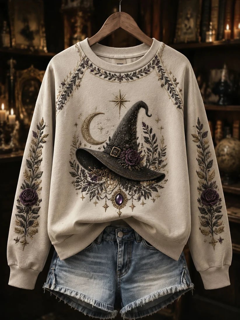 Women's Halloween Witch Hat Art Pattern Comfortable Raglan Sleeve Sweatshirt