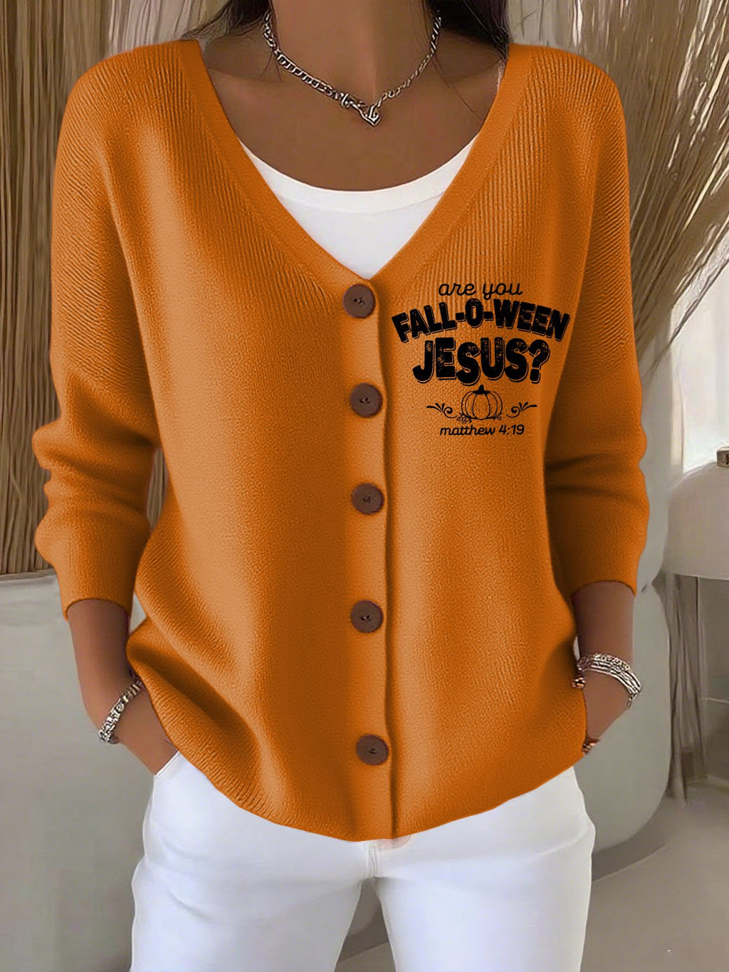 Women's Retro Are You Fall-O-Ween Jesus Print Cardigan