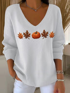 Women's Casual Autumn Maple Leaf Pumpkin Striped Long-Sleeved V-Neck Top