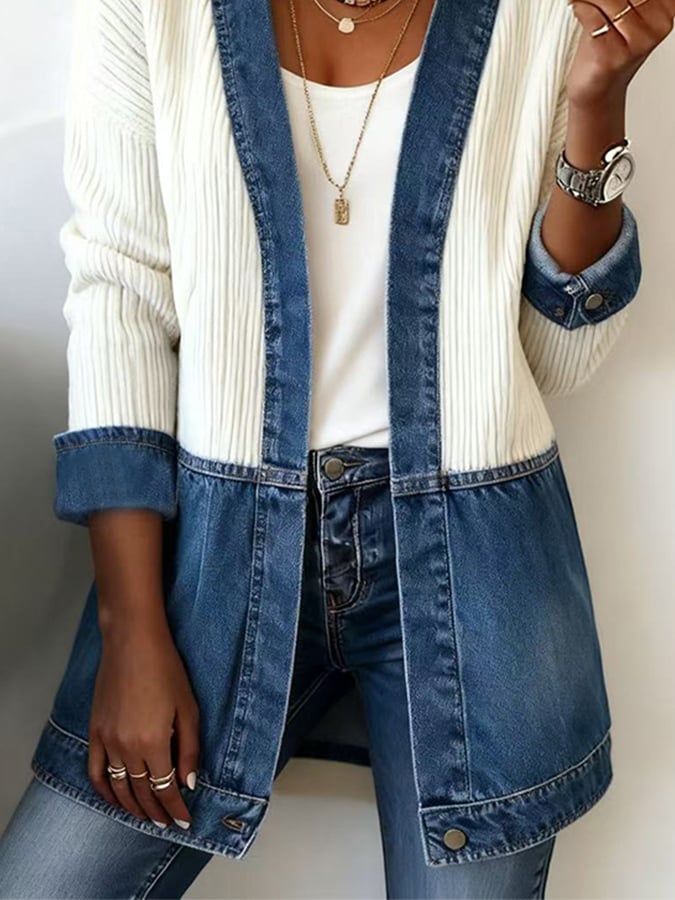 Women'S Casual V-Neck Contrast Color Stitching Jacket
