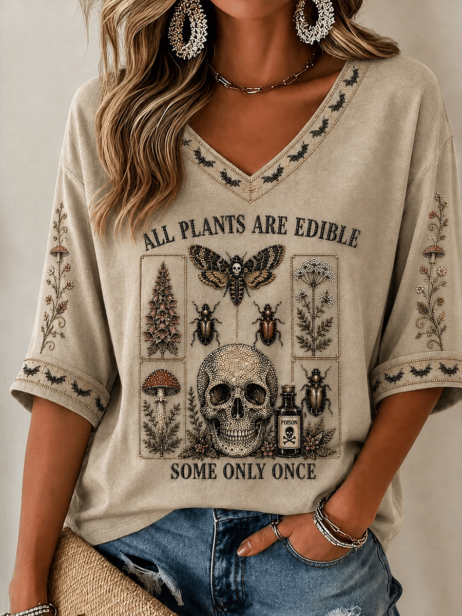 Women's Retro "All Plants Are Edible Some Only Once" Print T-Shirt