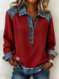 Women's Casual Collared Denim Patchwork Waffle Knit Sweatshirt