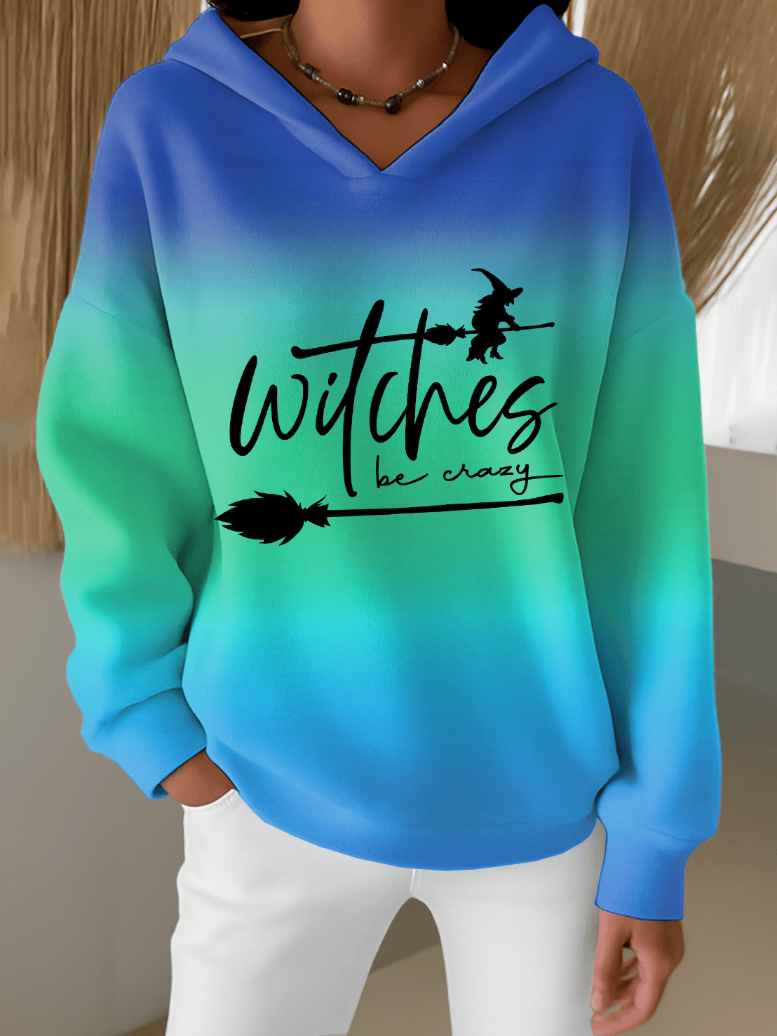 Women's Halloween Witch Print Furry Lined Hoodie
