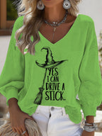 Women's Halloween YES I CAN DRIVE A STICK Print Casual Puff Sleeve Top