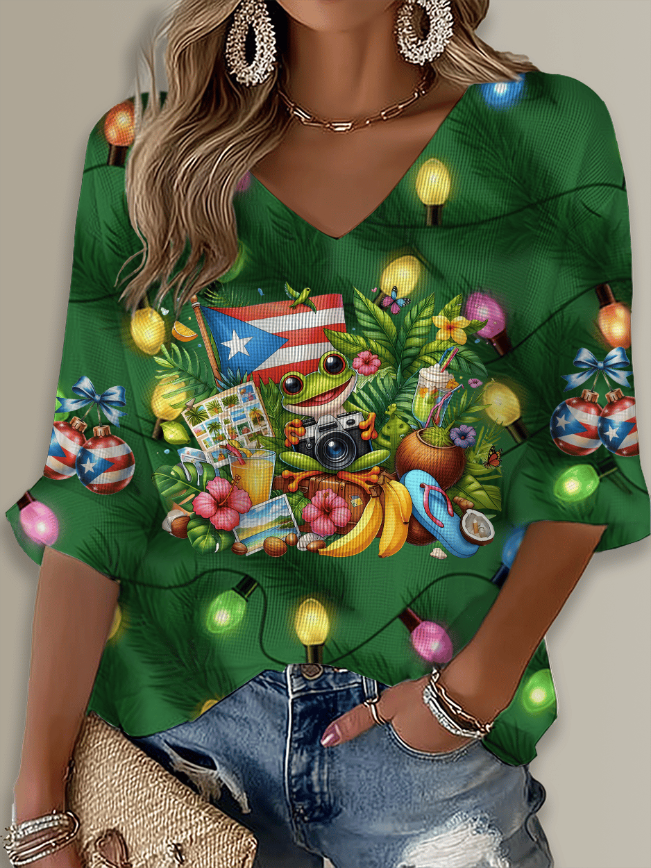 Puerto Rico Li Navidad Christmas Printed Long Sleeve Top