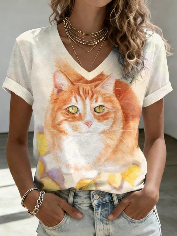 Women's Cat Print V Neck T-shirt