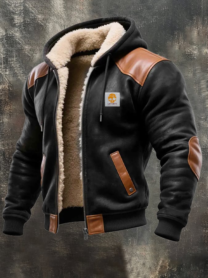 Men's Vintage Suede and Leather Hooded Warm Jacket