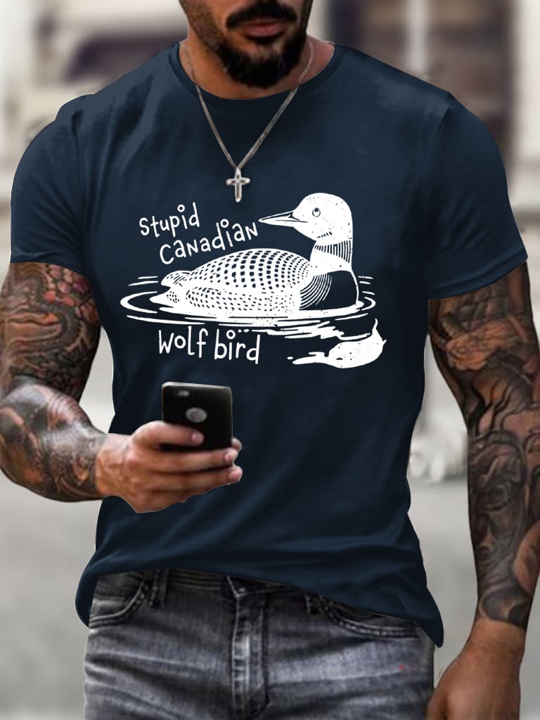 Men's Stupid Canadian Wolf Bird Print T-Shirt
