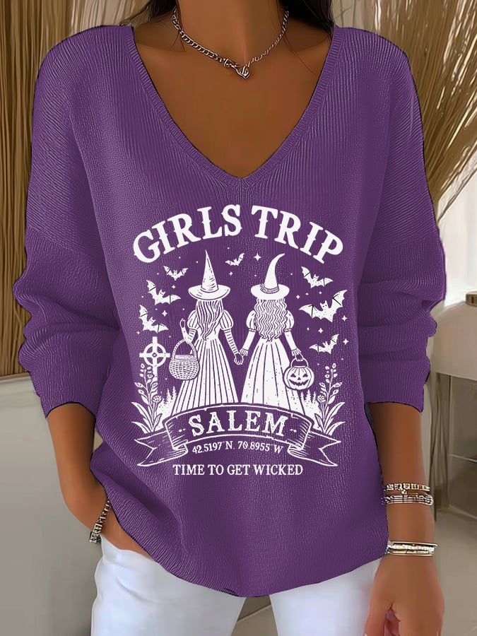 Women's Girls Trip Salem Witch Print V Neck Sweater