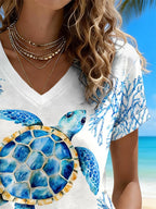 V-Neck Retro Vacation Watercolor Sea Turtle Print T-Shirt