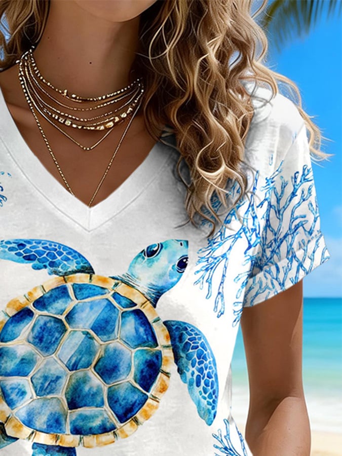V-Neck Retro Vacation Watercolor Sea Turtle Print T-Shirt
