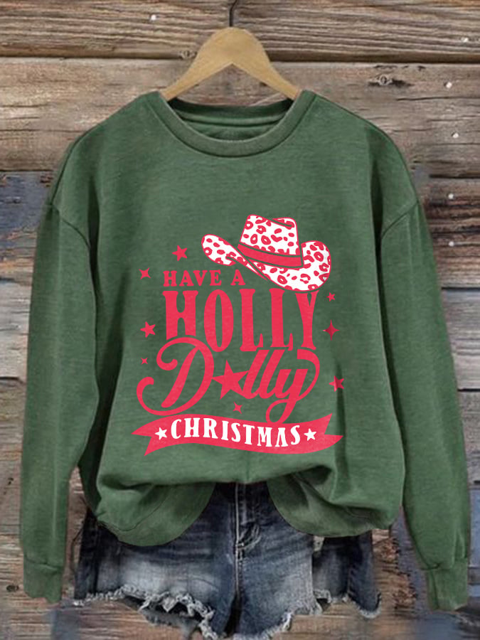 Retro Western Leopard Christmas Cowgirl Have A Holly Christmas Print Sweatshirt