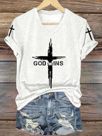 Women's God Wins Print V Neck T-shirt