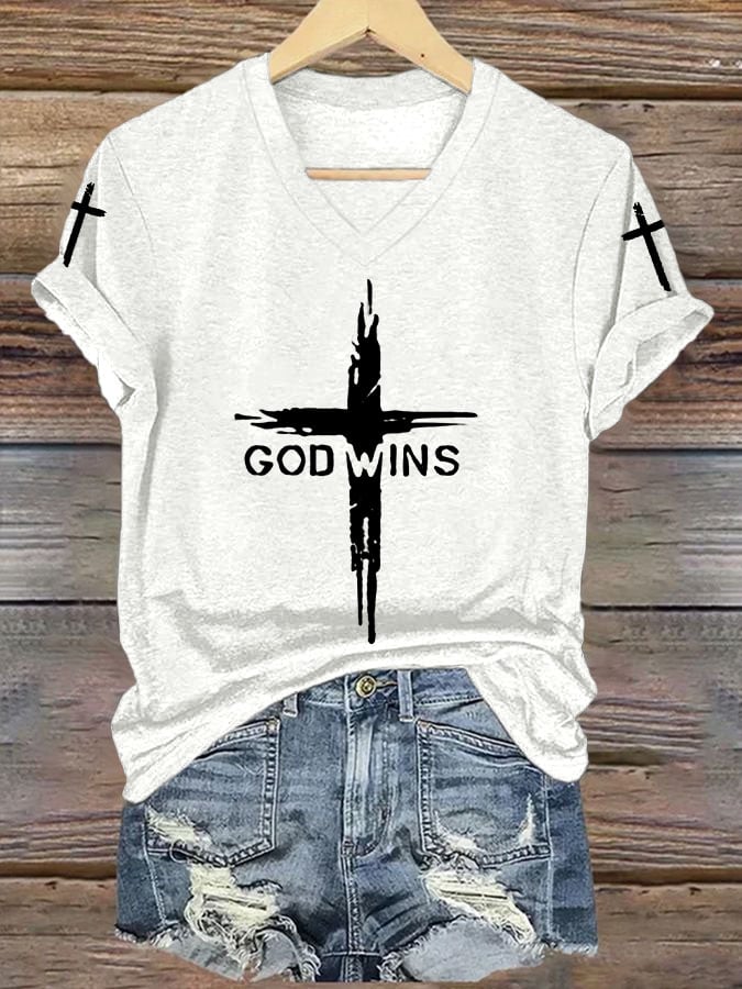 Women's God Wins Print V Neck T-shirt