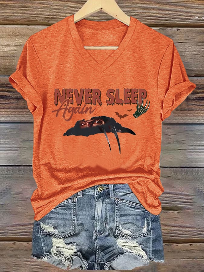 Women's Halloween Horror Nightmare Print V-Neck T-Shirt