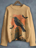 Halloween Crow Colorful Print Cozy Knit Sweater