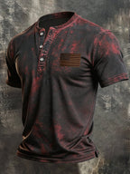 Men's Retro Patriotic Color-Block Short-Sleeve Henley T-Shirt