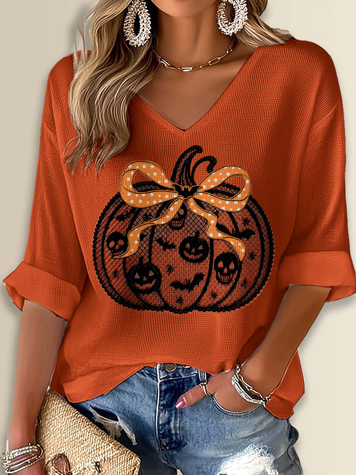 Halloween Pumpkin Printed Long Sleeve Top