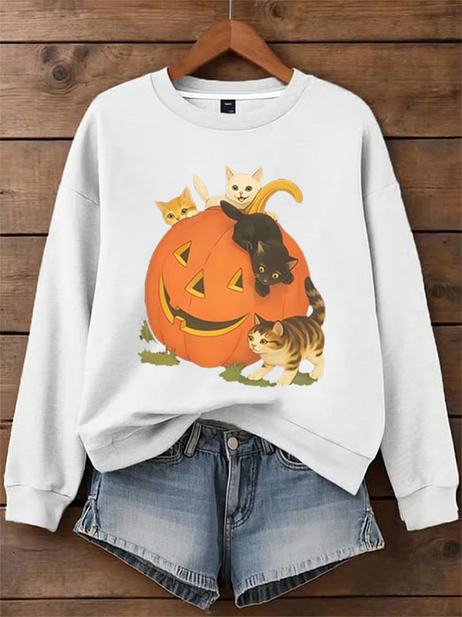 Women's Halloween Pumpkin and Cute Cat Print Sweatshirt
