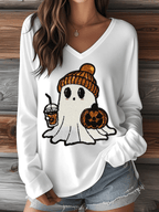 Women's Halloween Ghost Print V-Neck Long Sleeve T-Shirt